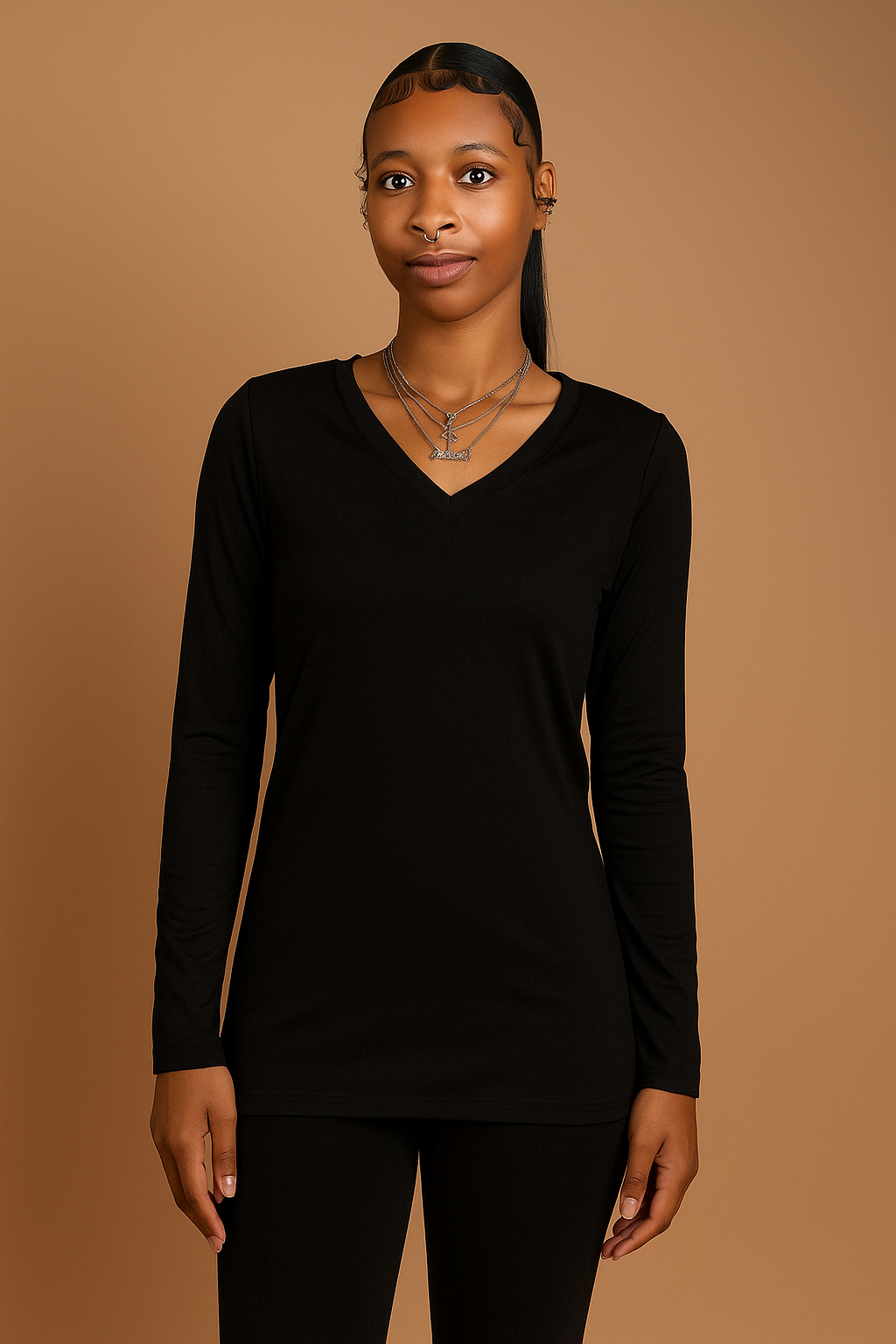 Brushed Microfiber Long Sleeve V-Neck