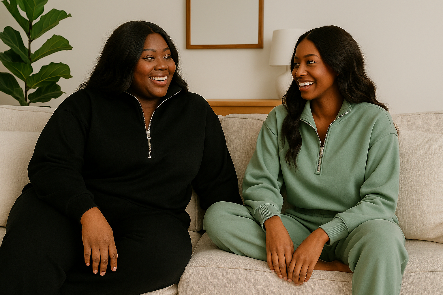 Two women sitting on a couch wearing matching outfits.